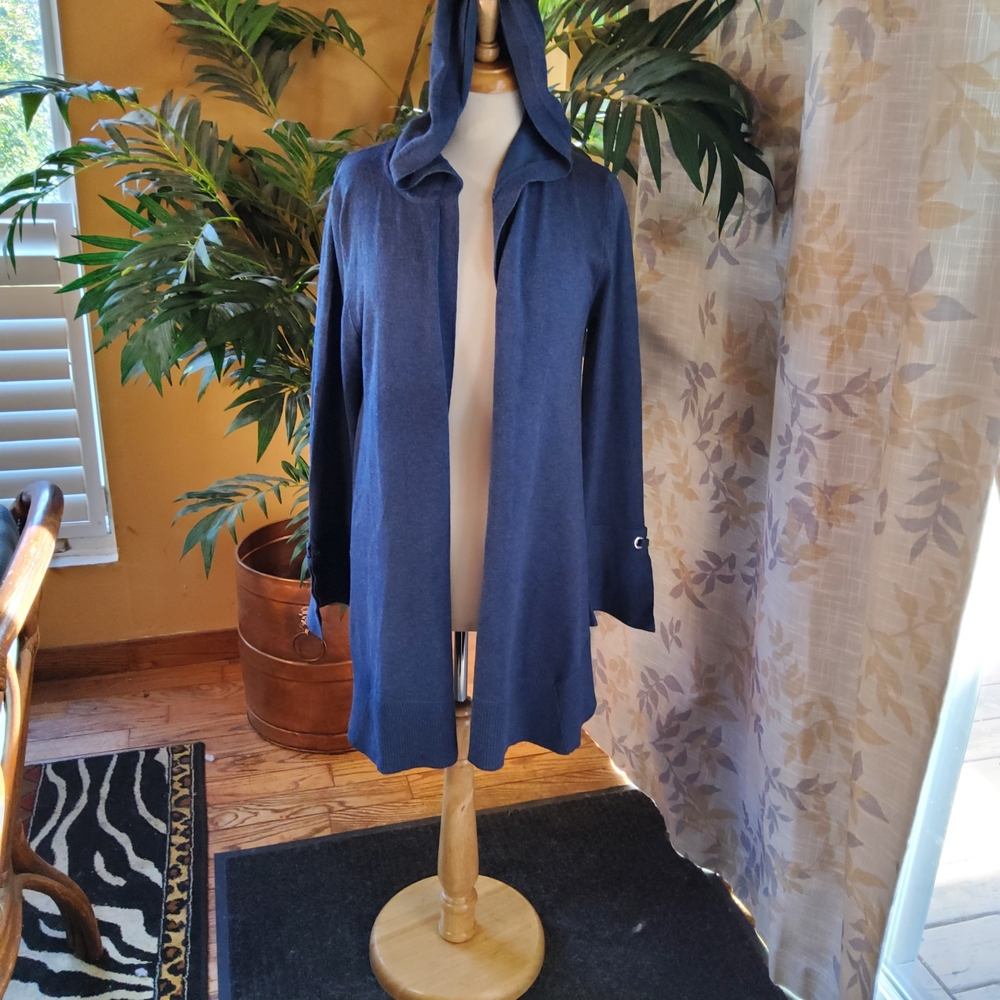 Pointelle Cozy Blue Hooded Cardigan